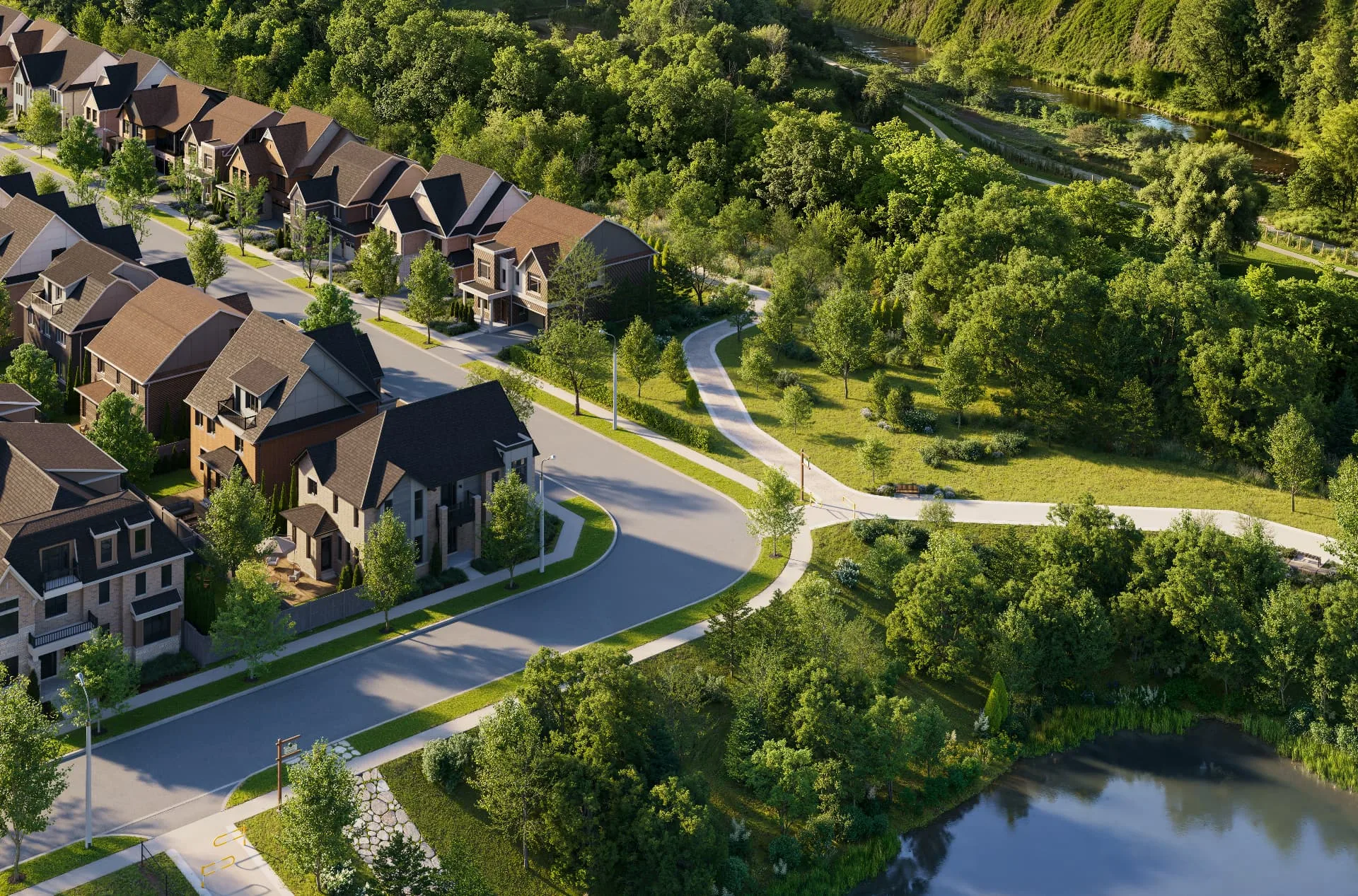Aerial rendering of Five Oaks homes beside a pond and trail in Oakville