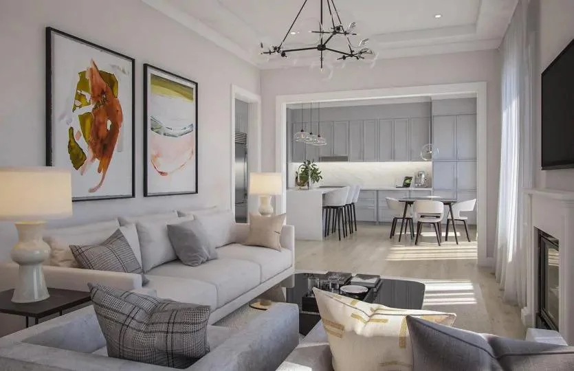 Living room rendering with adjoining kitchen at Triple Crown Estates