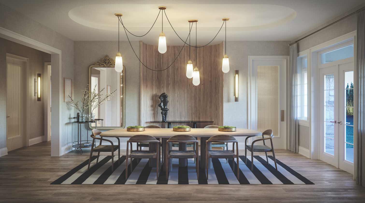 Formal dining room with slatted wood feature wall at Eversley Estates