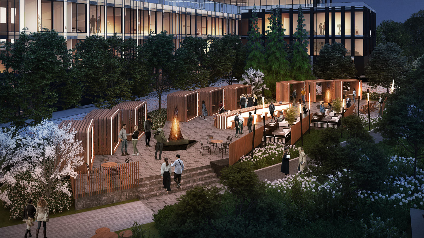 Landscaped outdoor amenity terrace at Crosstown in Toronto
