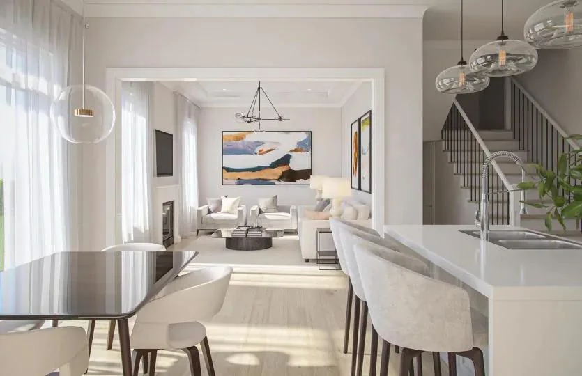 Open-concept kitchen and dining rendering at Triple Crown Estates