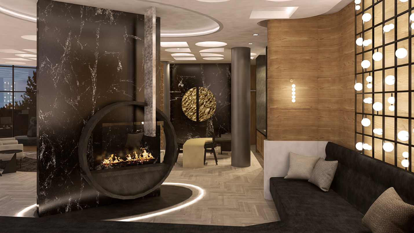 Resident lounge rendering with fireplace and seating at Crest