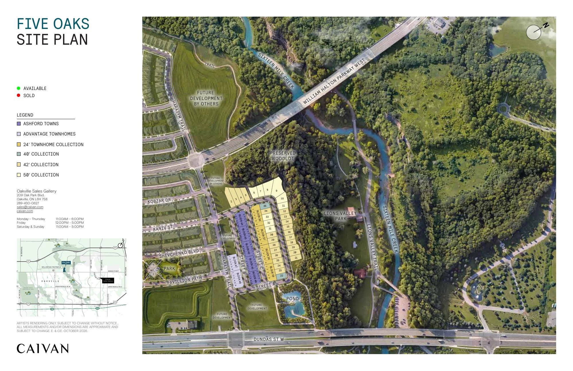 Five Oaks site plan showing townhome blocks and 40', 42' and 50' lots beside Lions Valley Park
