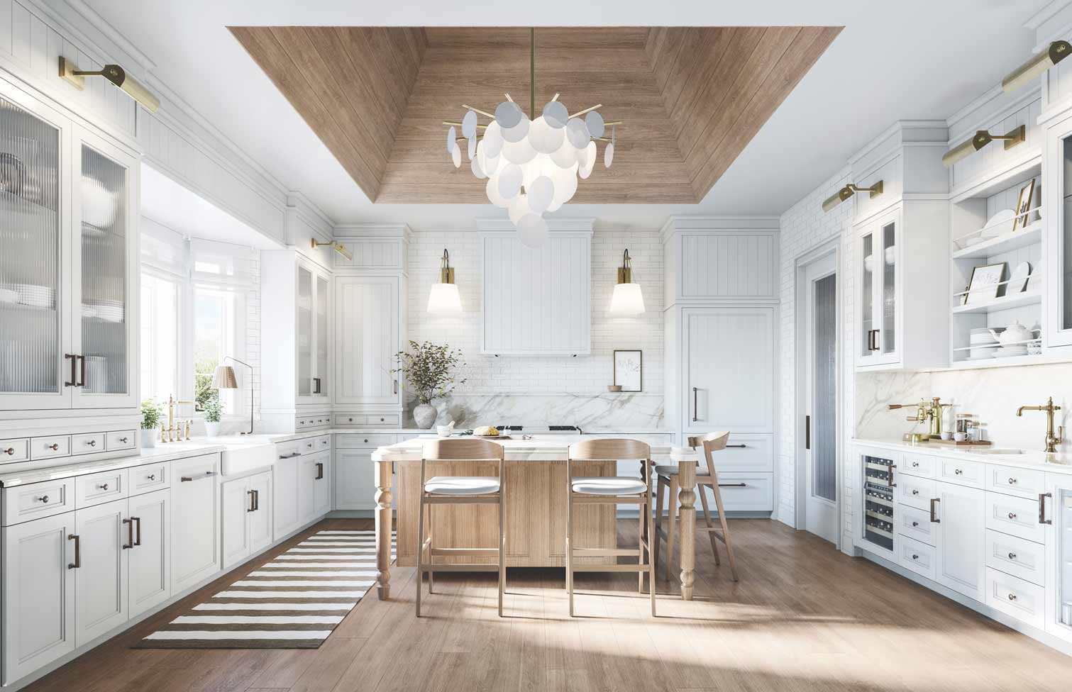 Bright white kitchen with wood-panelled tray ceiling in a Treasure Hill home at Eversley Estates