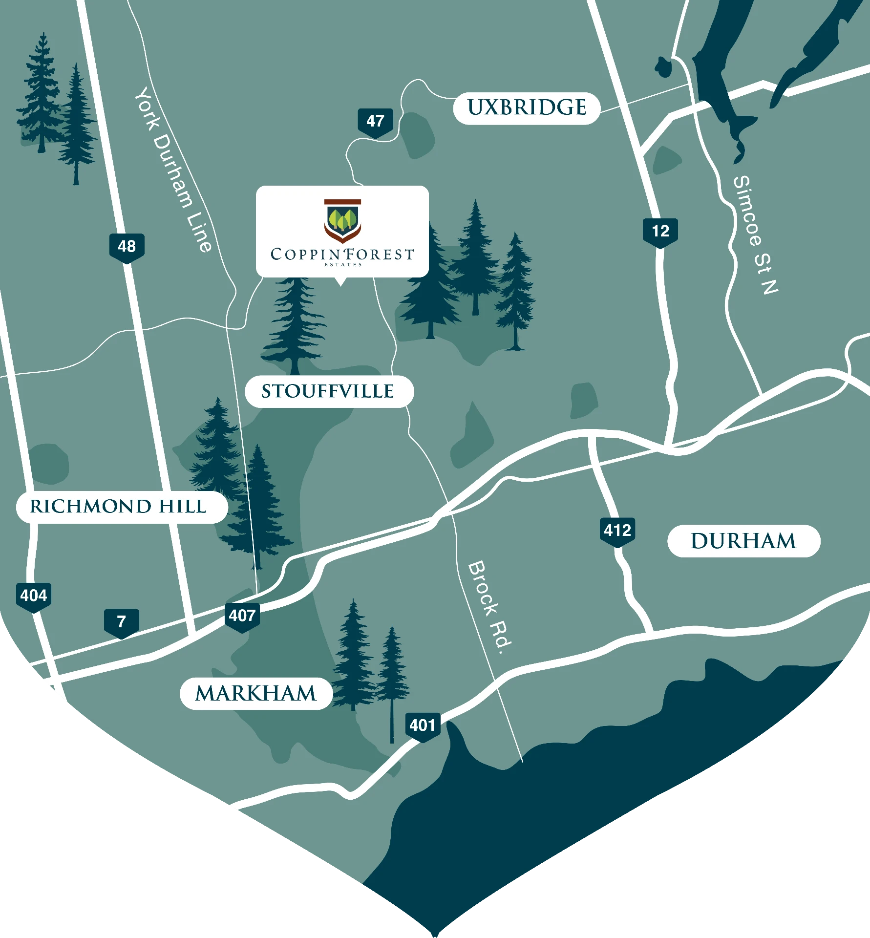 Map showing Bayview Trail's location relative to Aurora, Richmond Hill, Markham and area highways