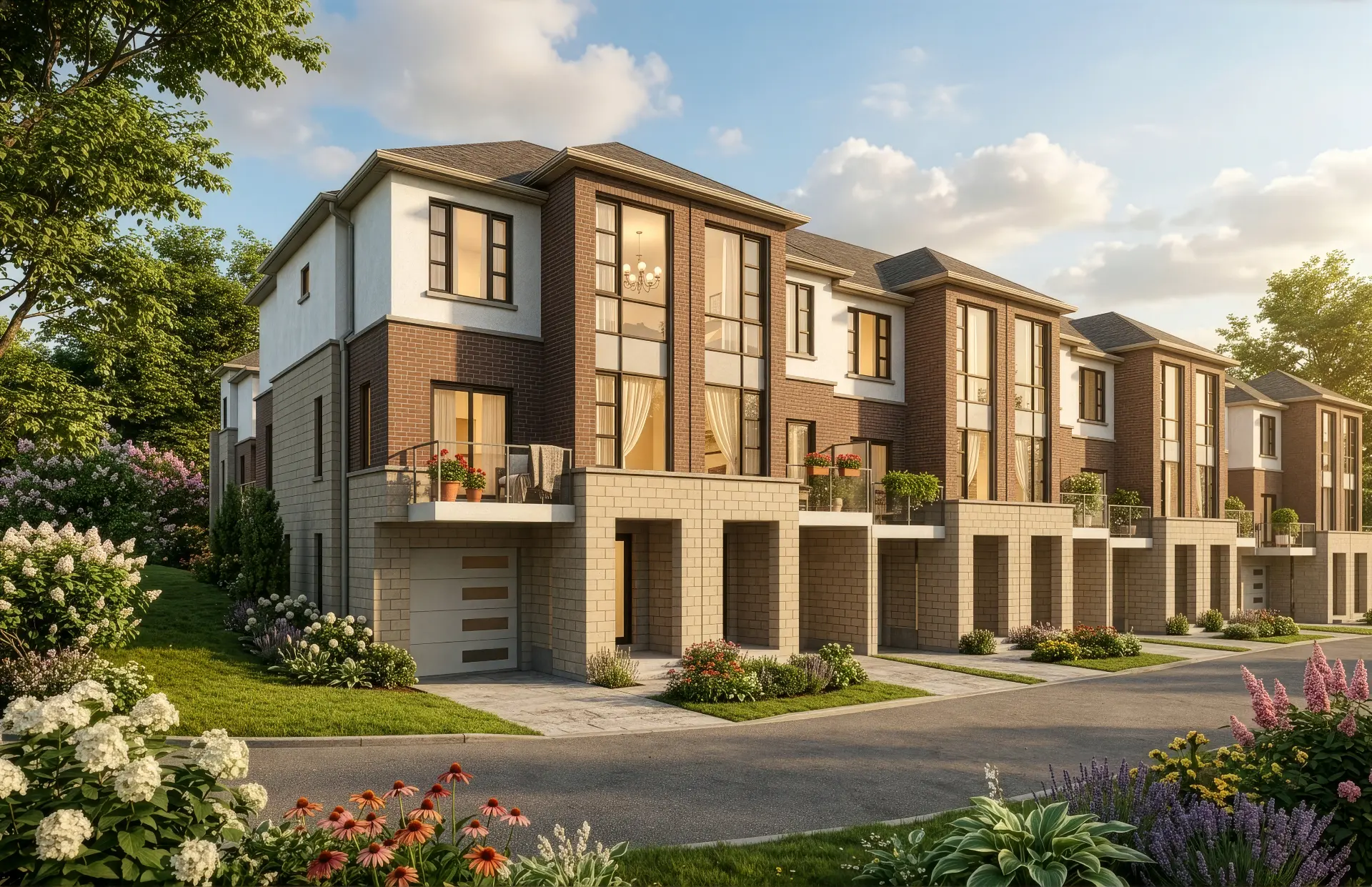The Clover Collection — Traditional Townhomes rendering at Woodbine Parkside