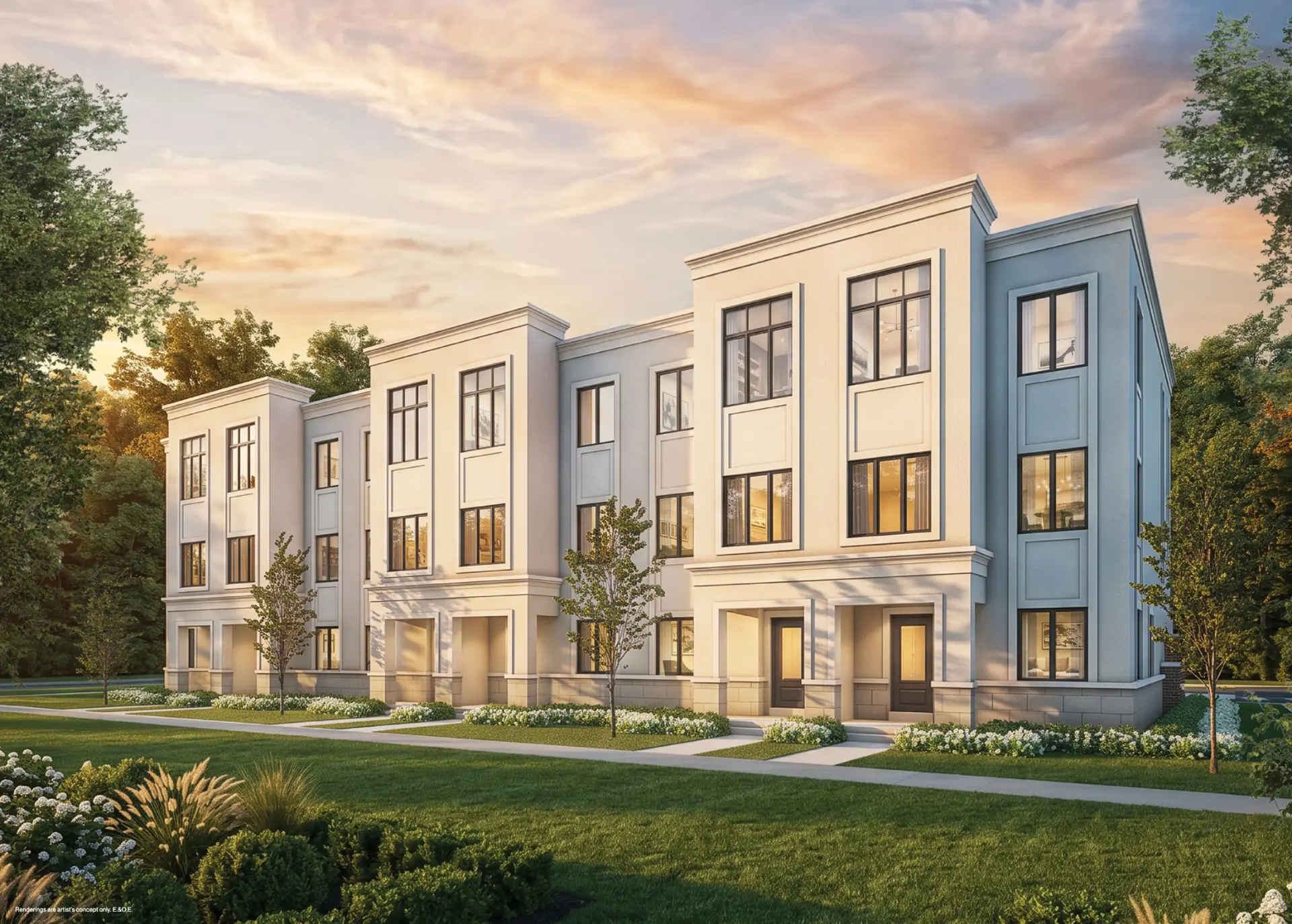 Montara townhomes at dusk — contemporary elevations with tall windows