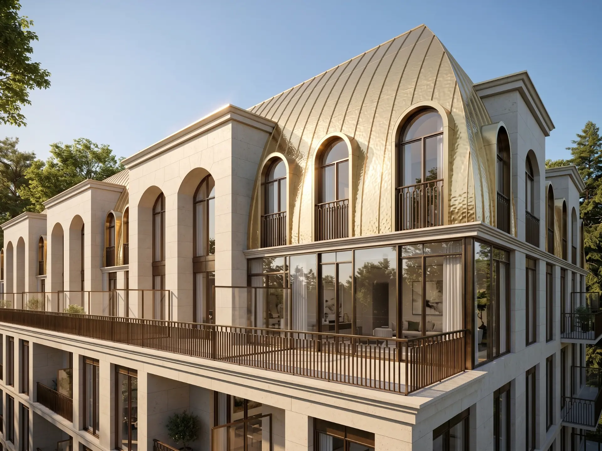 Brass-toned curved roof detail at The Bridle Path