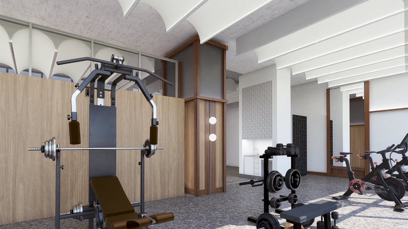 Fitness centre rendering with strength and cardio equipment at Crest