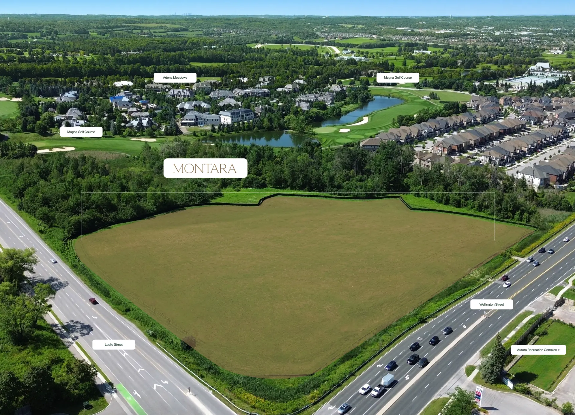 Aerial view of the Montara site at Leslie Street and Wellington Street East beside Magna Golf Club