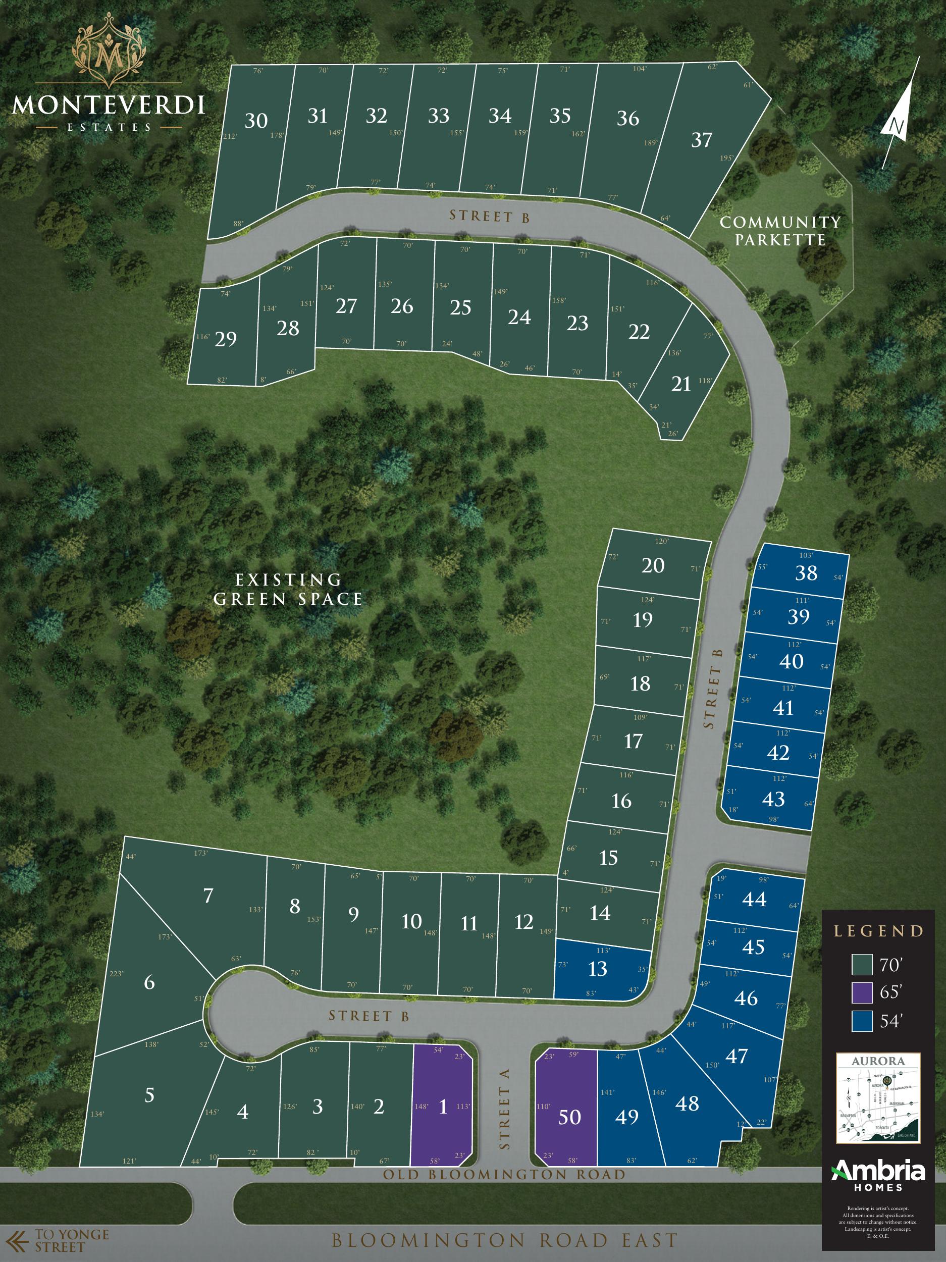 Monteverdi Estates community site plan showing 54, 65 and 70 foot homesites