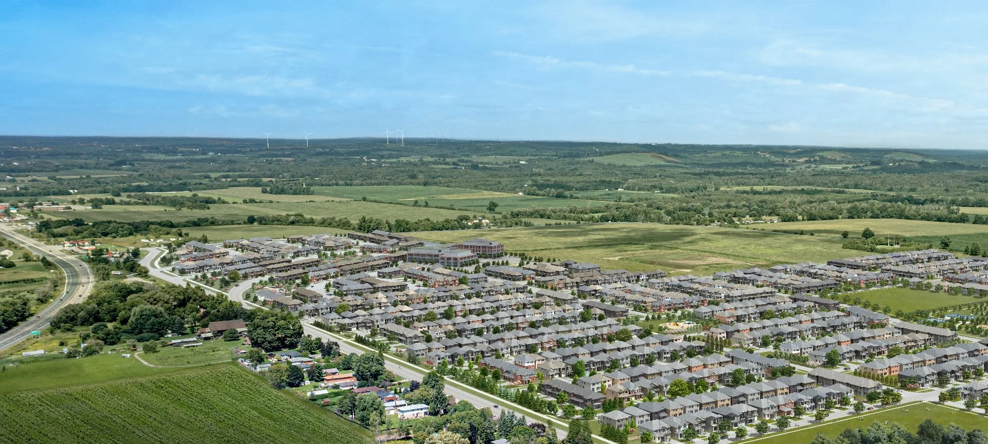 Newbrook community aerial rendering showing neighbourhood streets and greenspaces