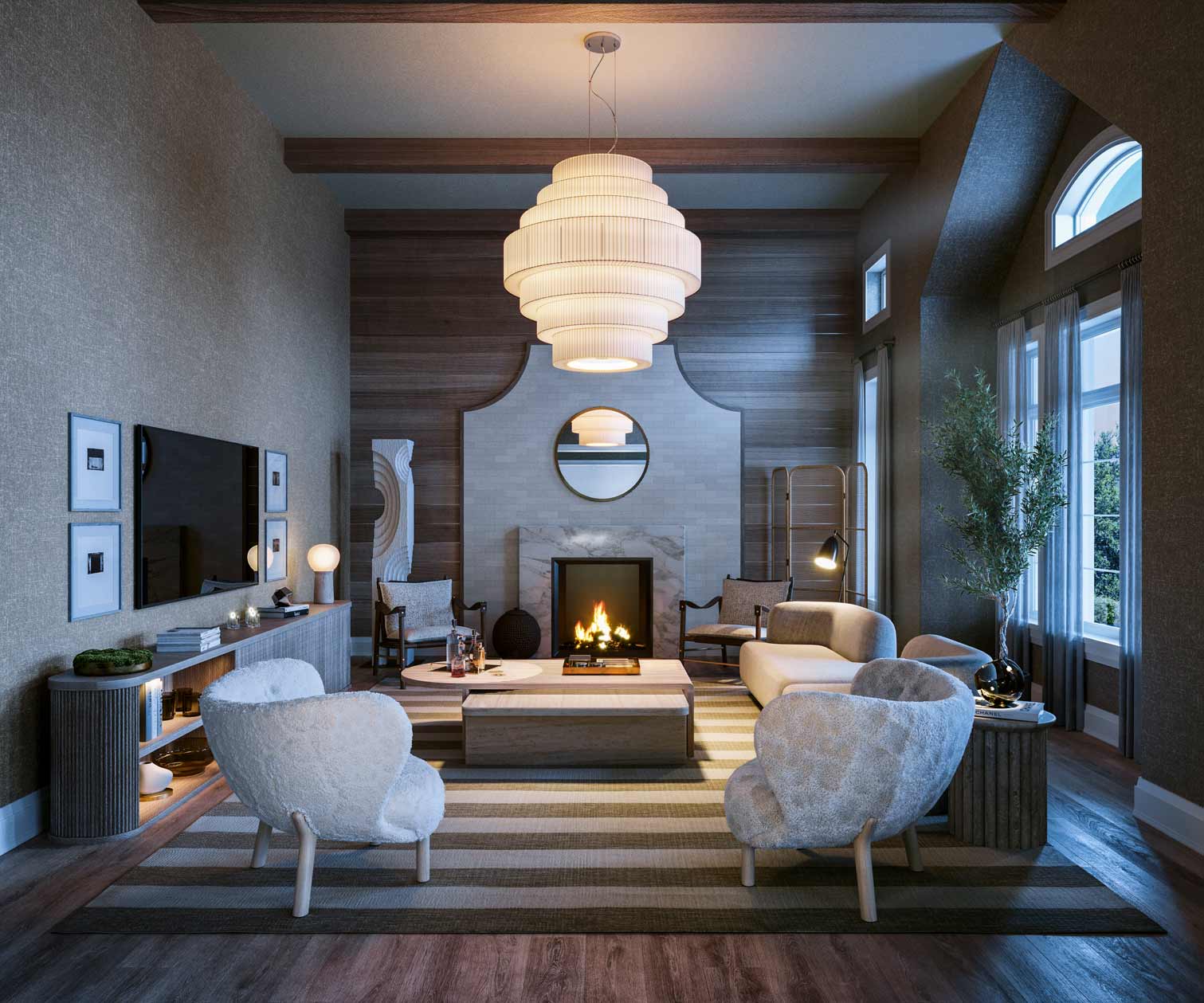 Fireside lounge with vaulted ceiling in a Fairfield estate home at Eversley Estates