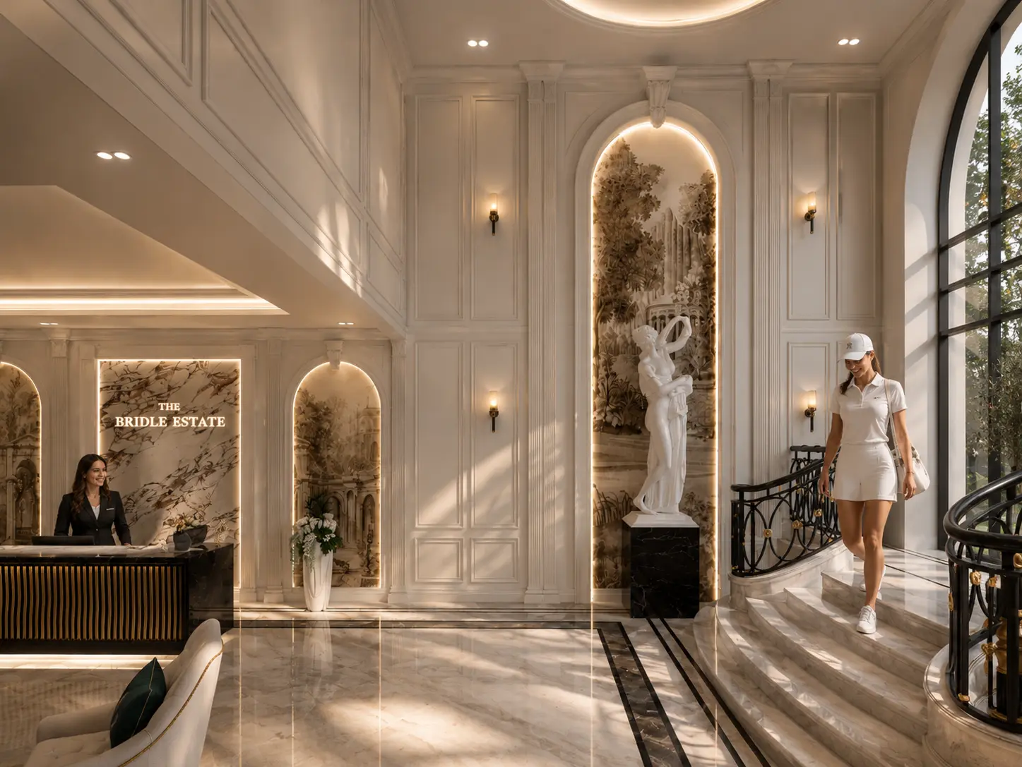 Arrival hall and staircase at The Bridle Estate
