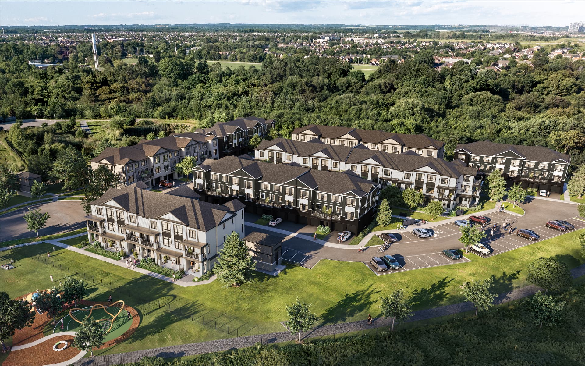 Brooklin Towns 2.0 aerial view of the townhome community — artist's concept