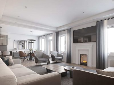 Chateau 9 living room with fireplace — artist's concept