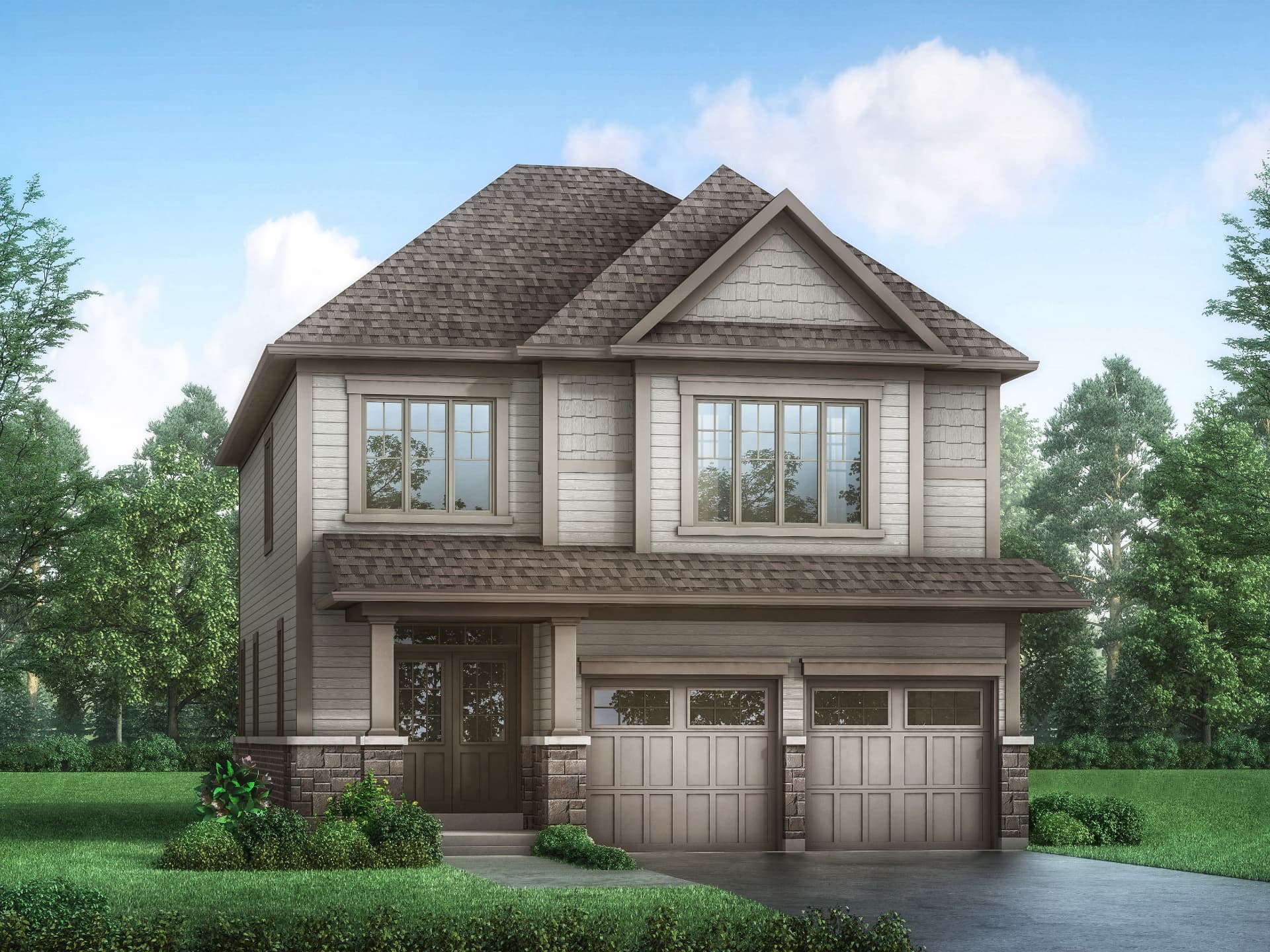 Rendering showing a three-car garage detached home elevation at Orchard South